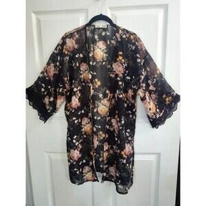 Wallflower M Women's Black Floral Print Kimono Boho Peasant